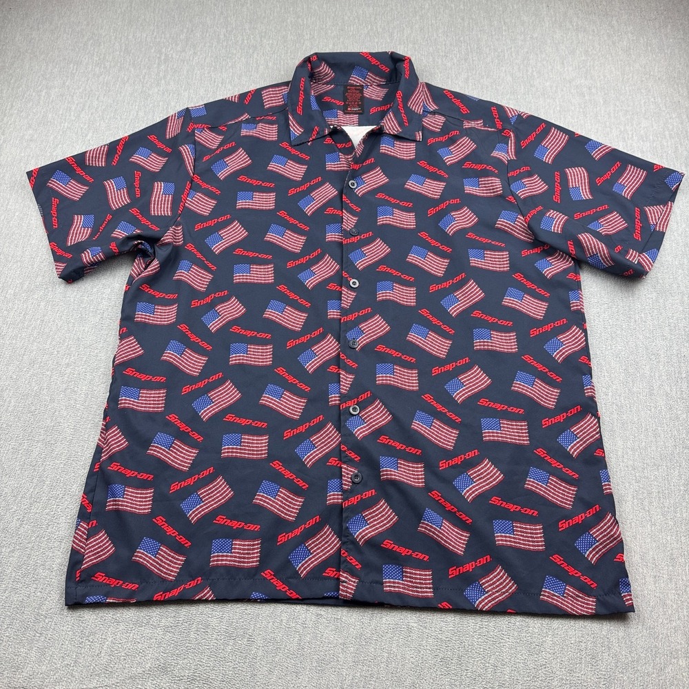 Snap On Tool Shirt Men 2Xl Blue American Flag Patterned Button Down Short Sleeve